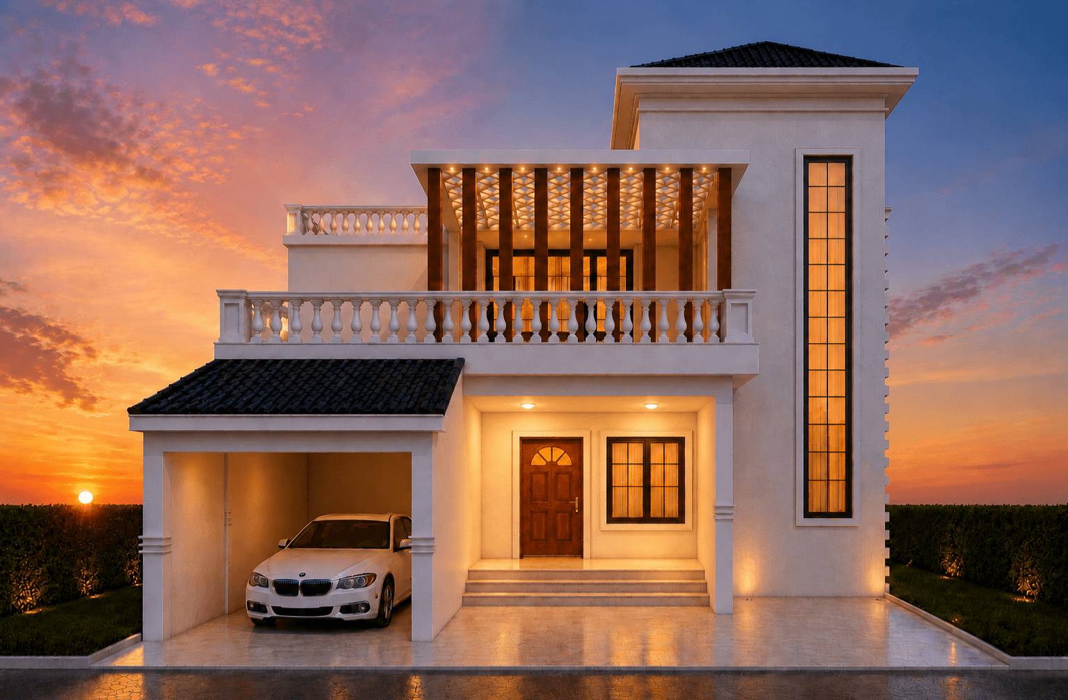 Architectural vision rendered in warm evening light