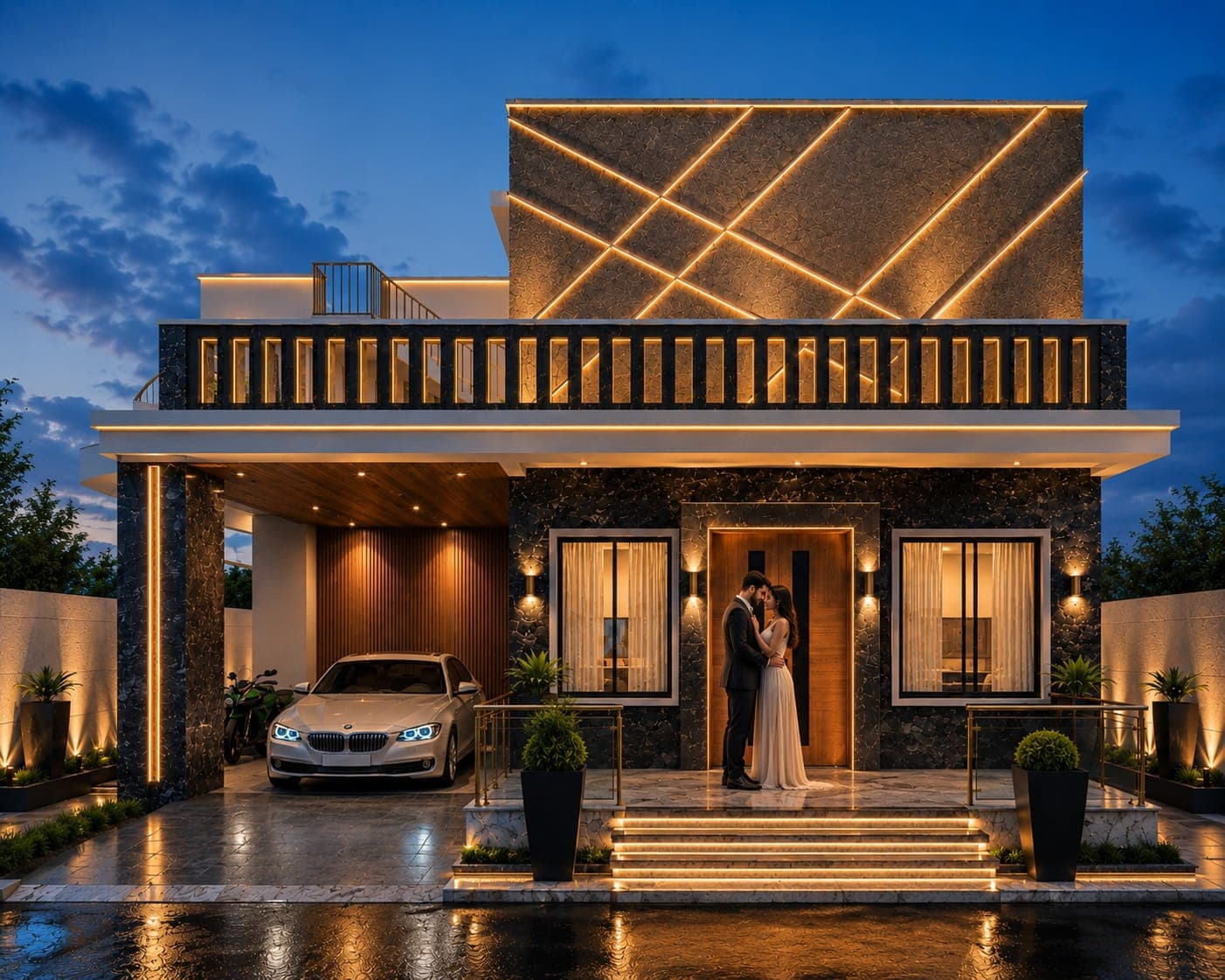 A luxury villa illuminated at dusk
